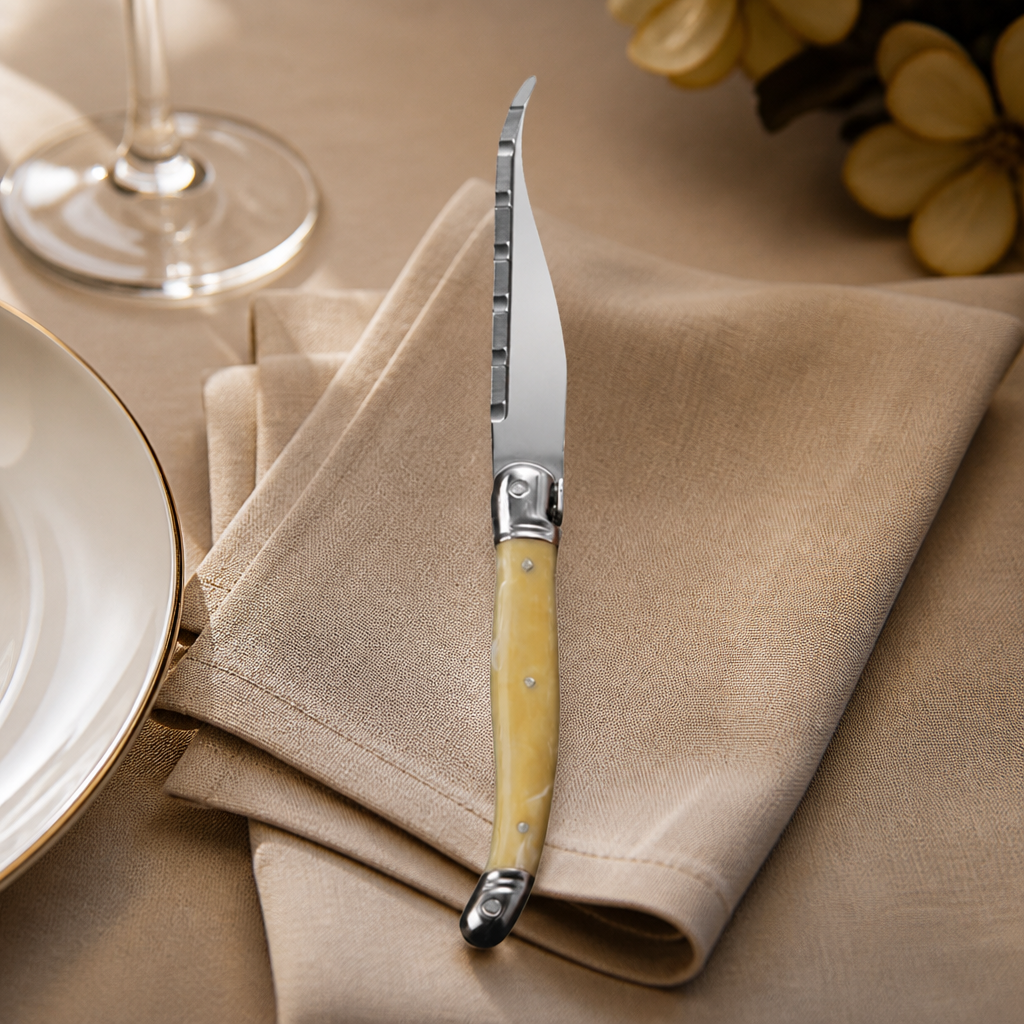 Set of 6 commercial serrated steak knives with horn handles