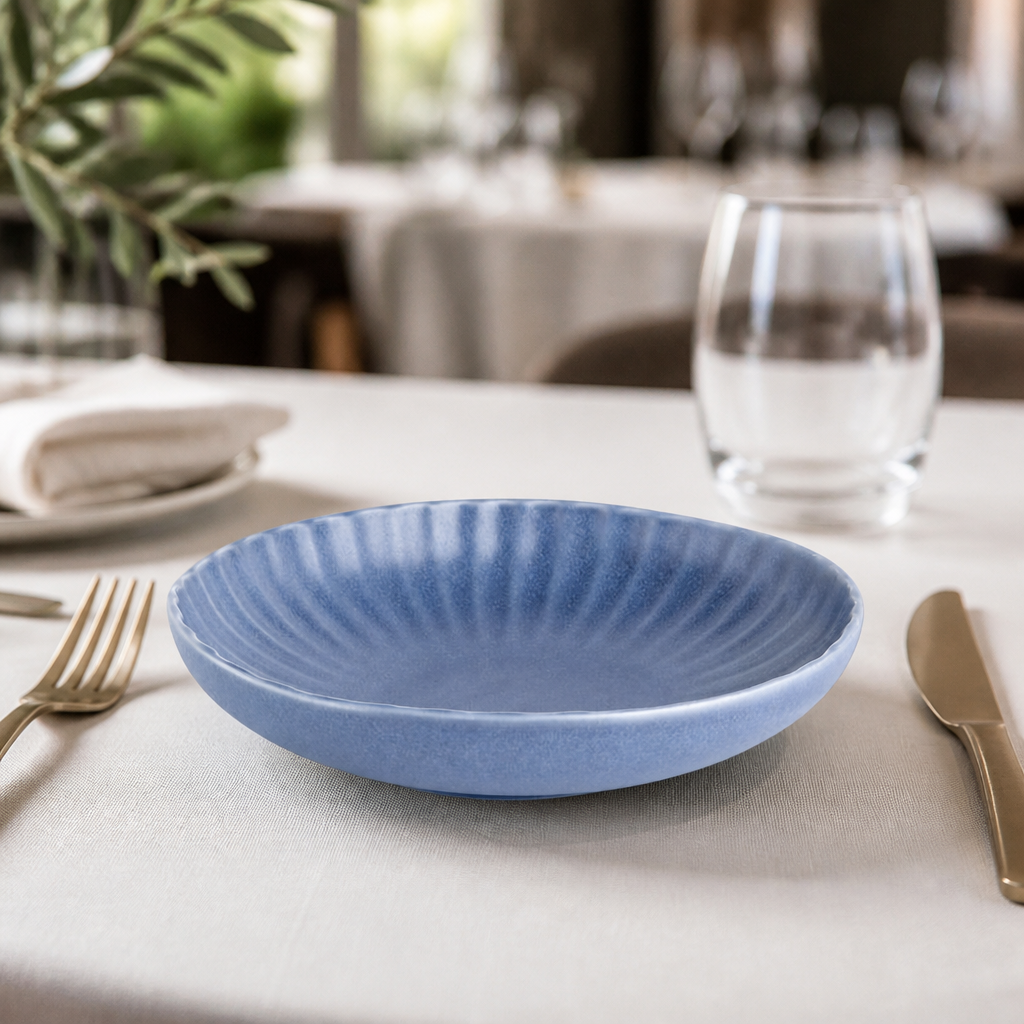 Set of 6 blue porcelain commercial pasta bowls 220mm