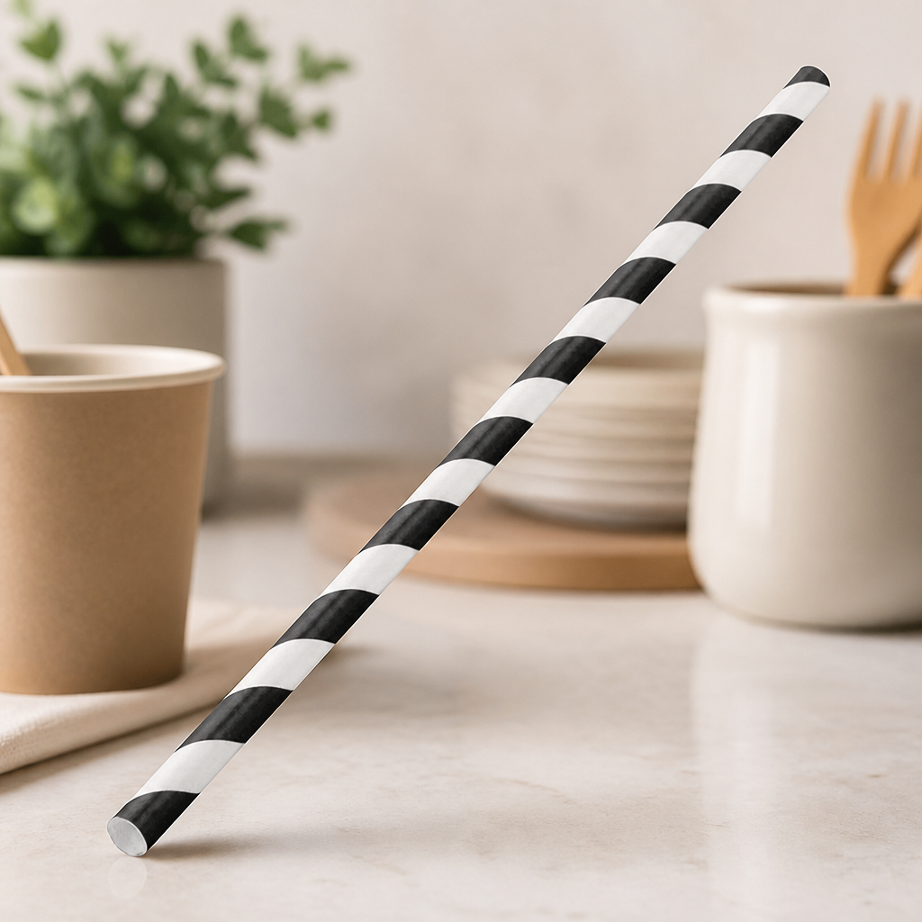 Biodegradable Paper Straws Black Stripes 250 Pack Commercial Use