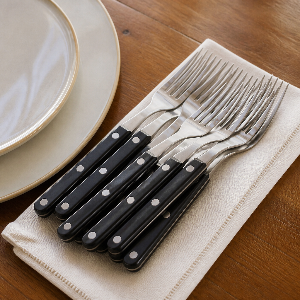 Commercial steak forks 200mm with black handles, 12 pack