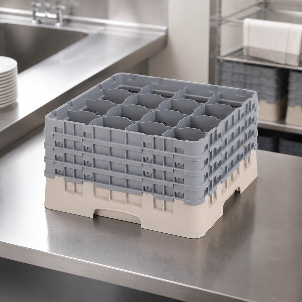 Commercial Glass Rack 16 Compartments Max Height 238mm Beige