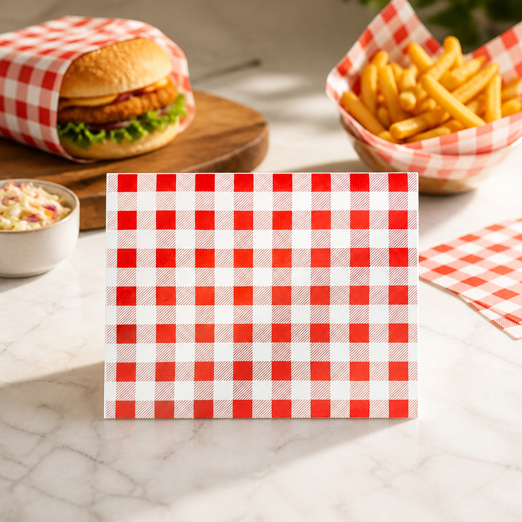 Compostable Red Gingham Greaseproof Paper Sheets 380x310mm 200 Pack