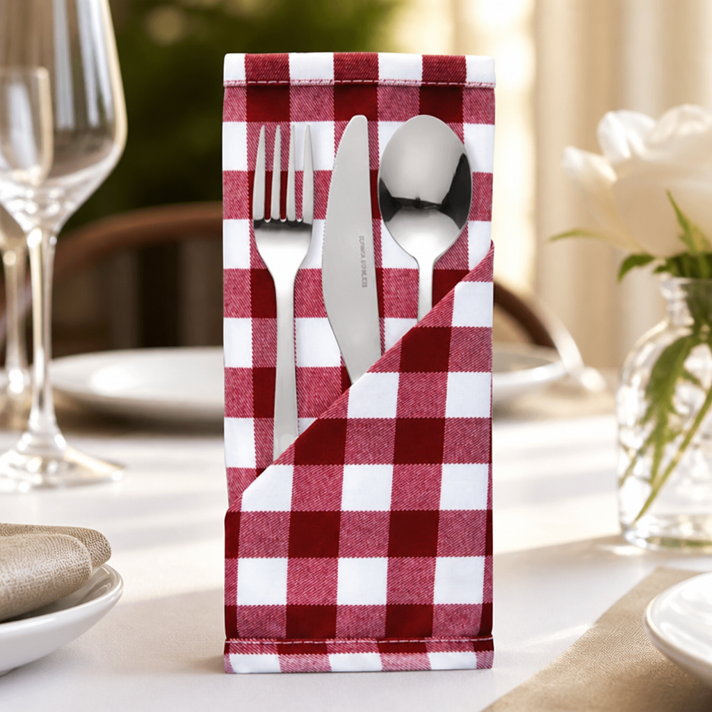 Commercial Gingham Polyester Napkins Red Check 10 Pack