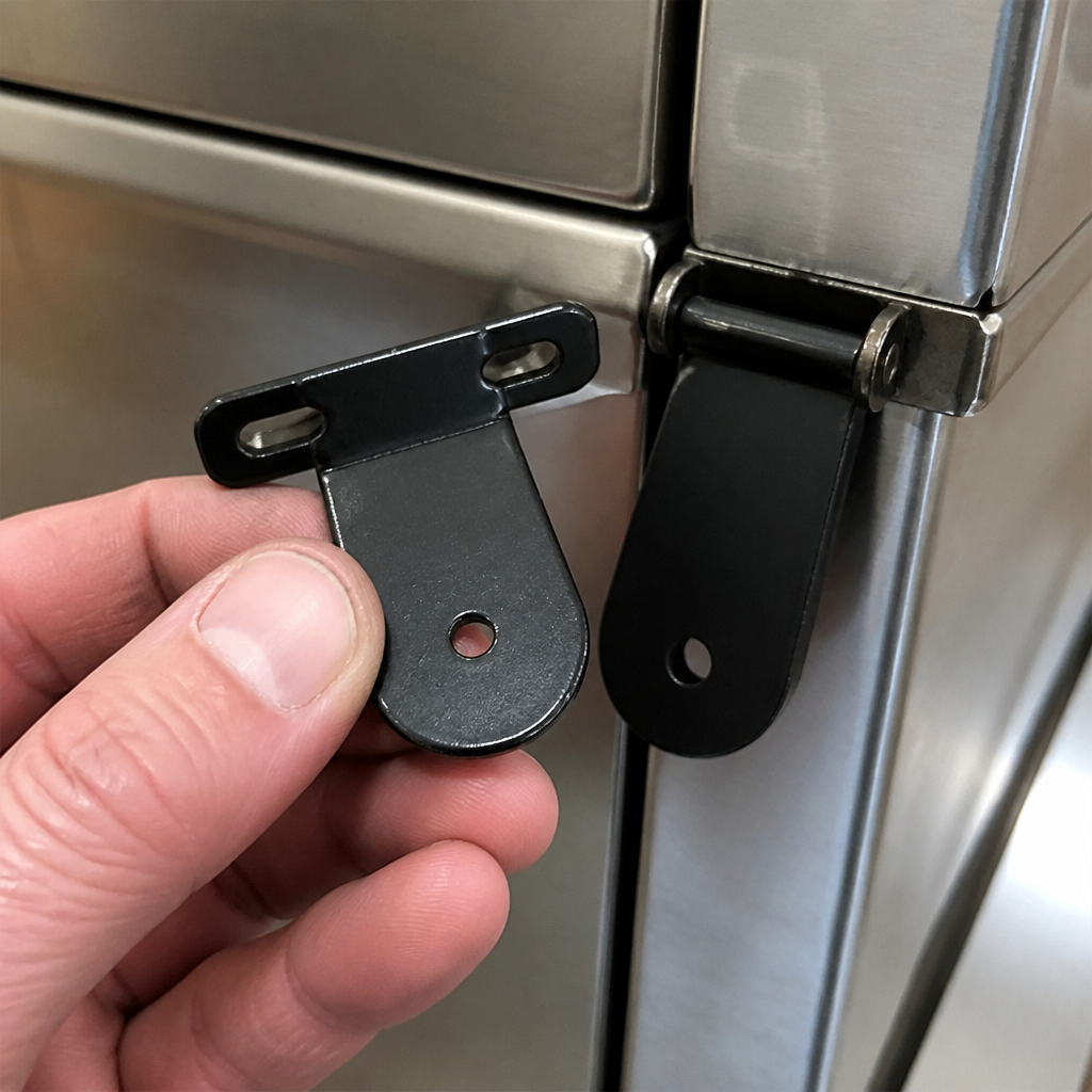 Commercial food warmer upper hinge replacement part in black
