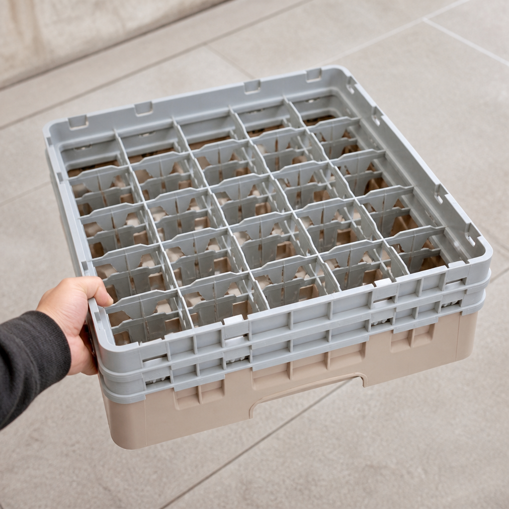 Commercial glass rack with 25 compartments, max height 133mm