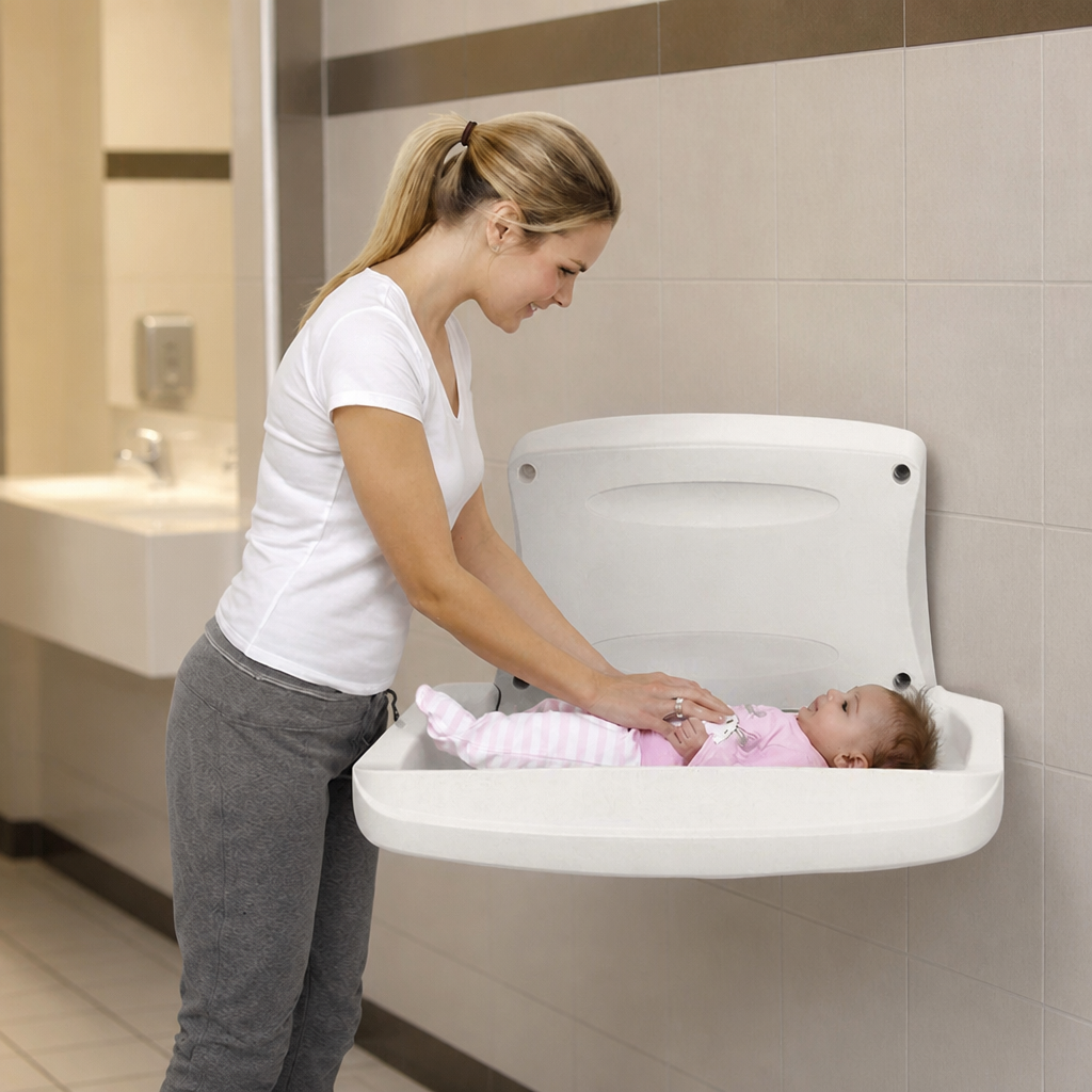 Commercial baby changing station with foldaway mechanism