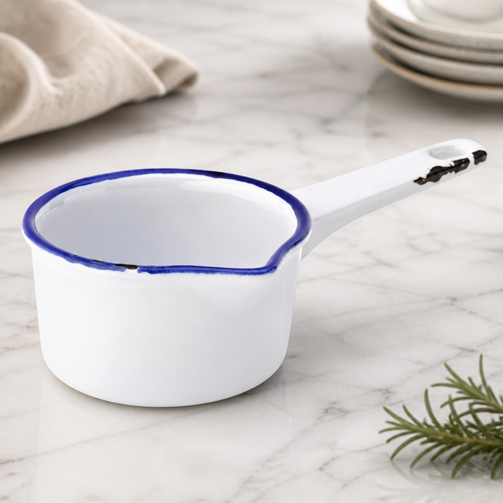 Commercial Blue Milk Pan 190ml Enamel Coated Stainless Steel