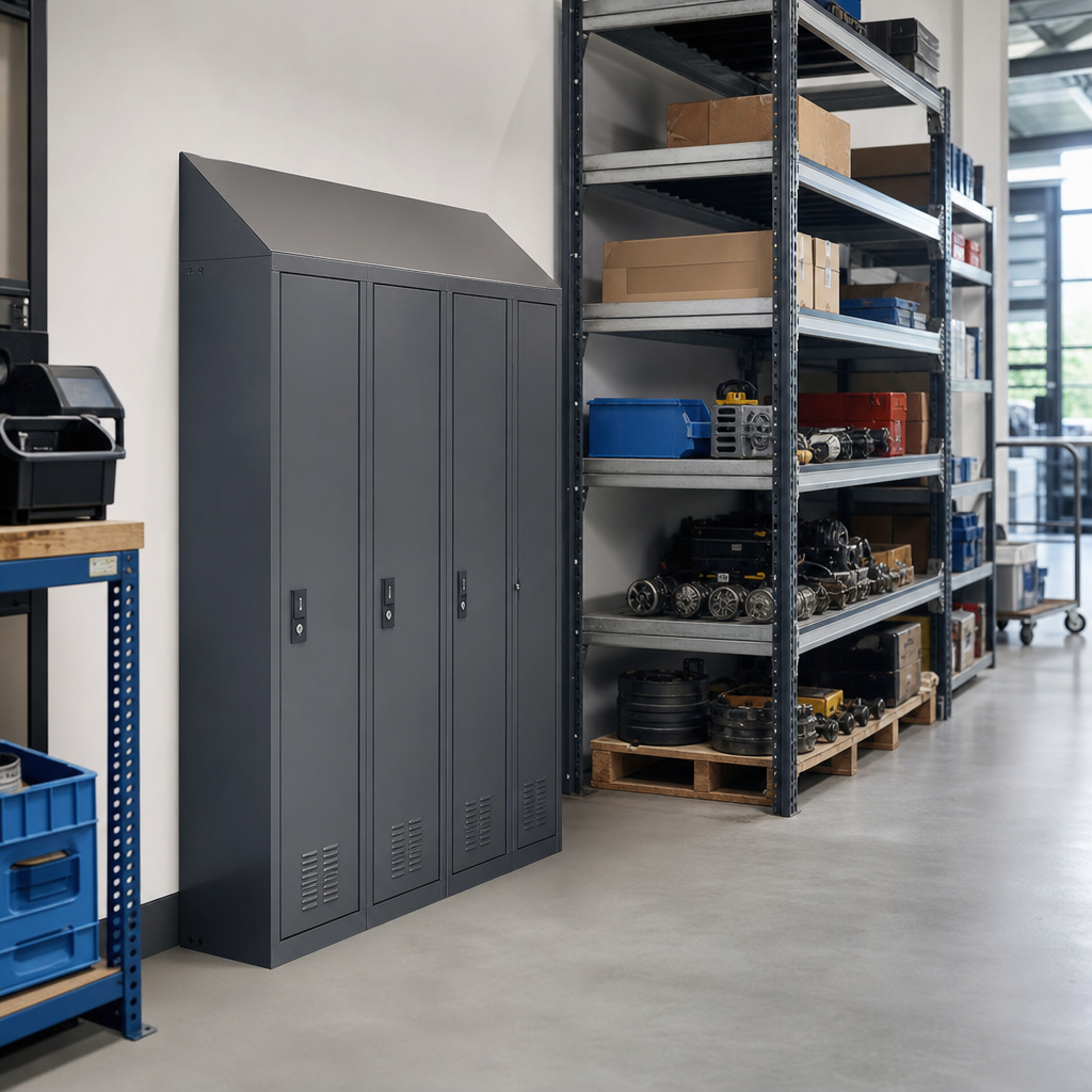 4 Door Metal Storage Lockers with Sloping Top and Antibacterial Finish
