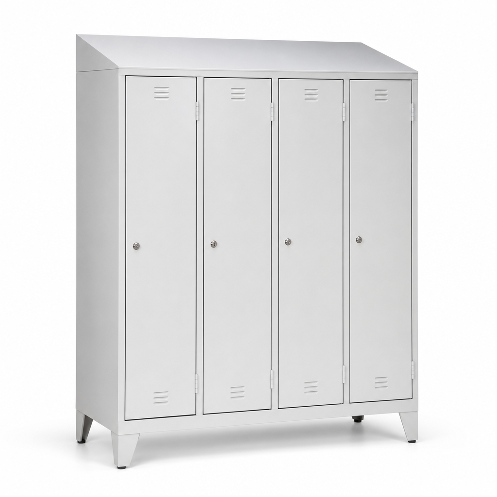 4 Door Metal Storage Lockers with Sloping Top and Antibacterial Finish