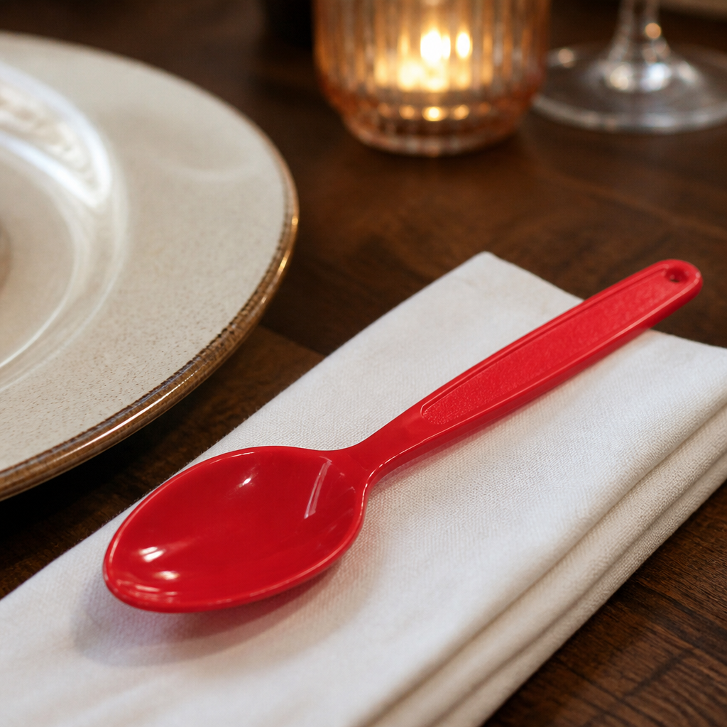 Commercial red polypropylene spoons 12 pack, dishwasher safe