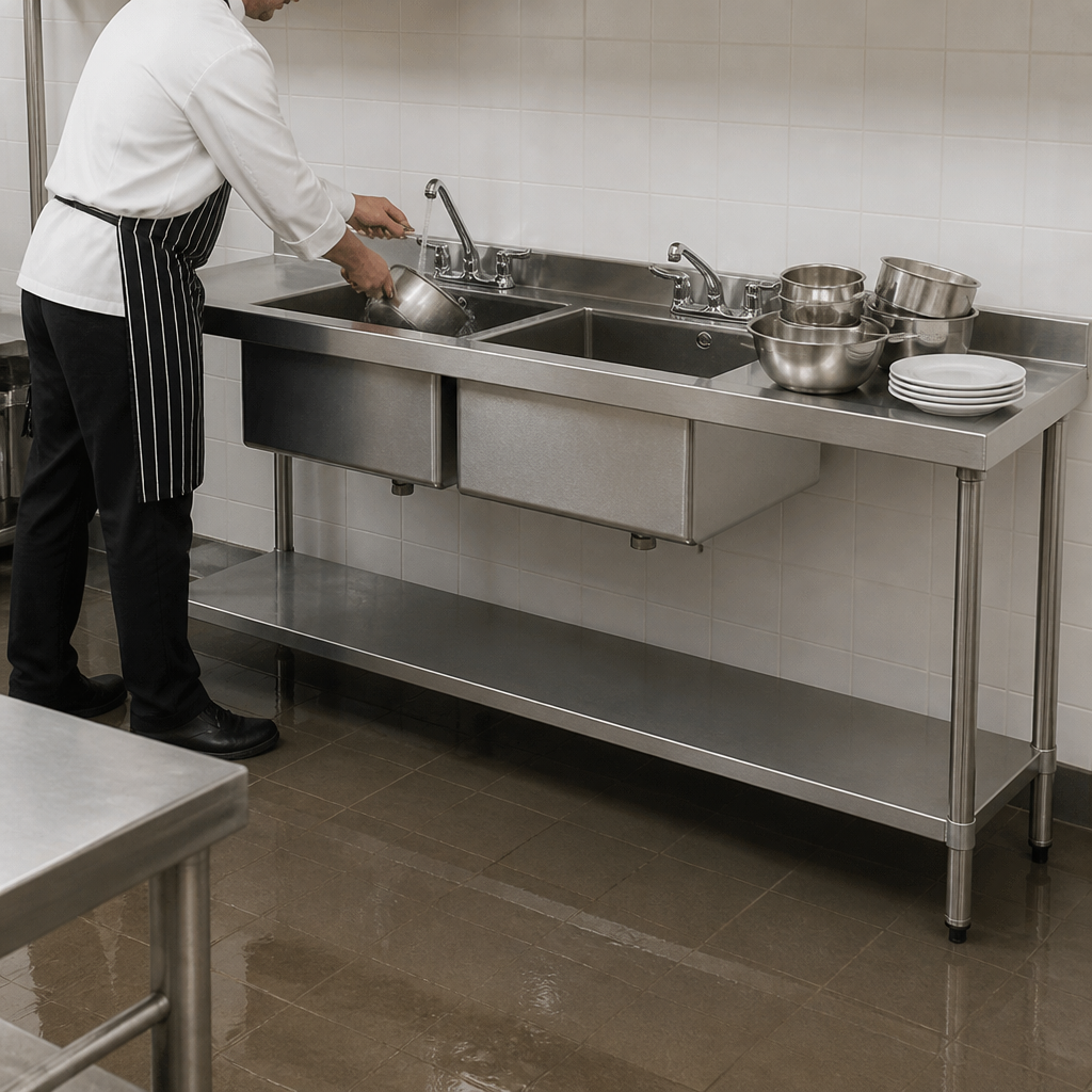 Commercial Double Sink with Double Drainer 2400mm Stainless Steel