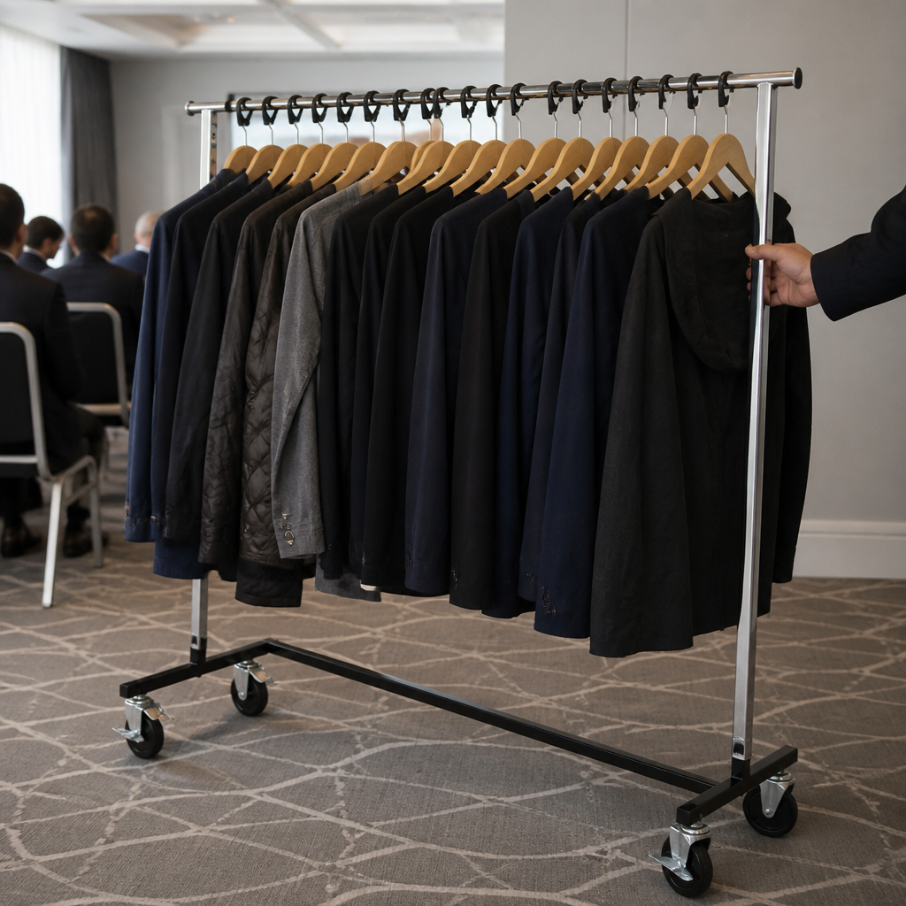 Commercial cloakroom with 20 wood hangers and wheels