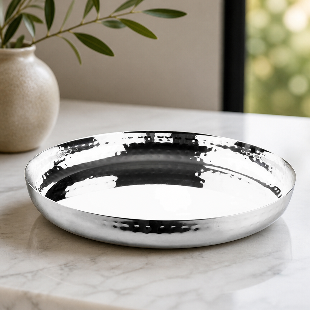 Hammered Stainless Steel Round Serving Tray 260x35mm