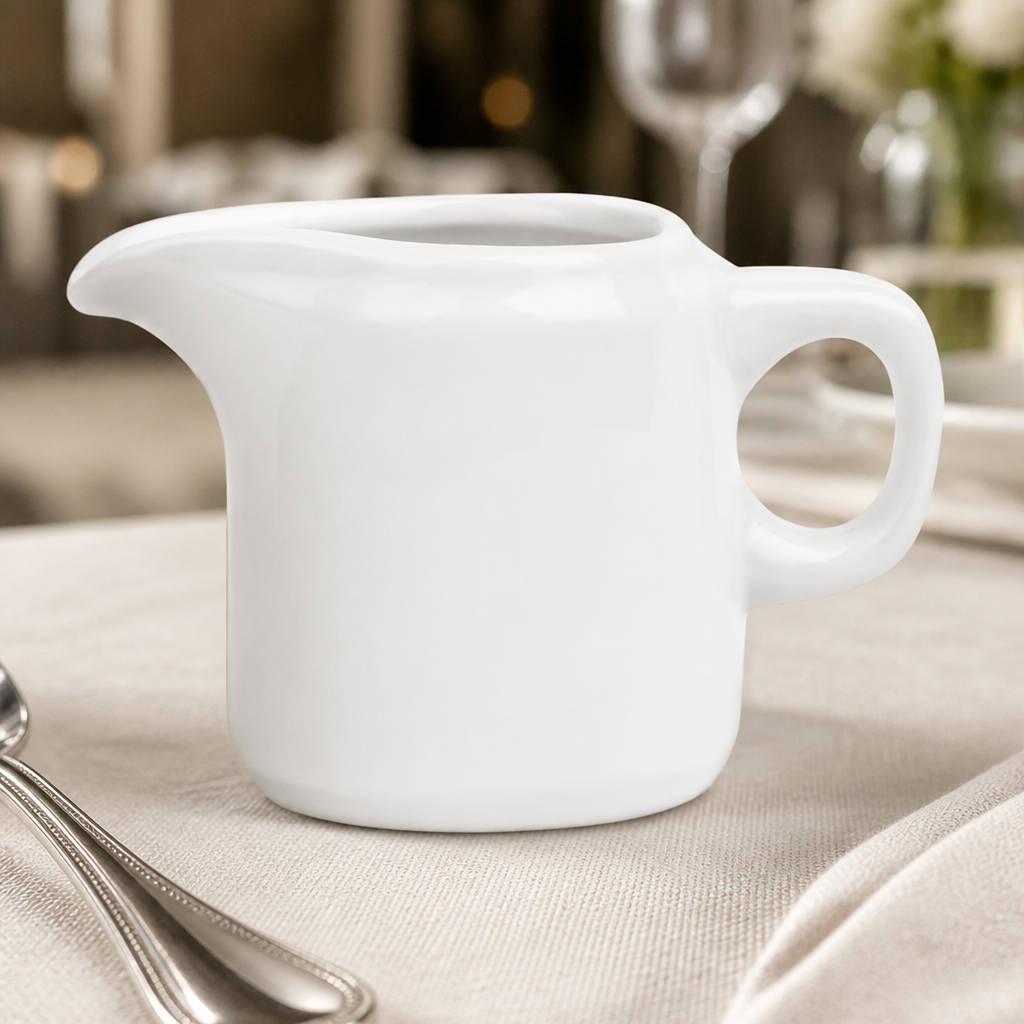 Pack of 12 whiteware handled jugs 65ml for serving liquids
