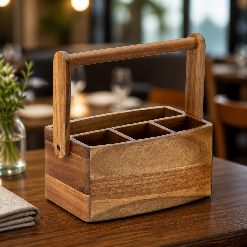 Commercial Acacia Wood 4 Compartment Condiment Holder Caddy