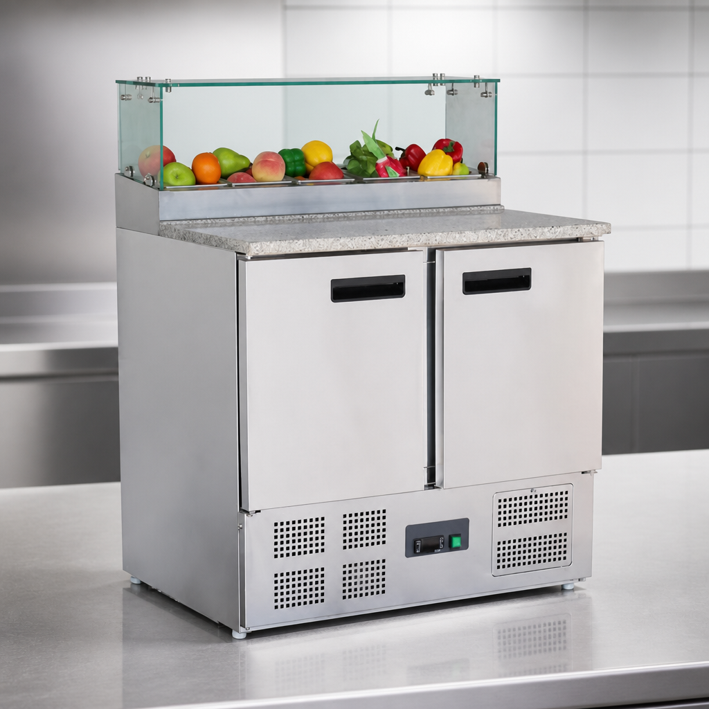 Commercial Pizza Prep Counter 256Ltr with Glass Sneeze Guard