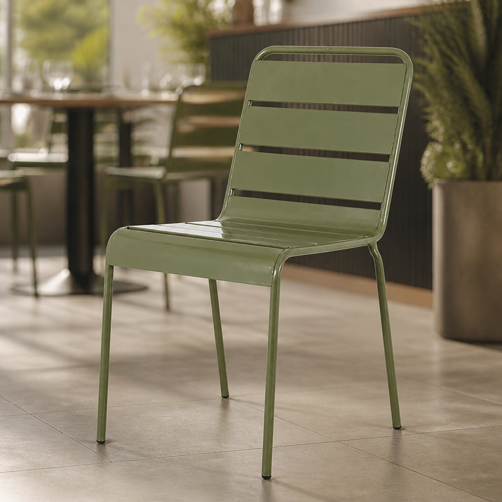 Commercial Olive Green Slatted Steel Side Chairs 4 Pack