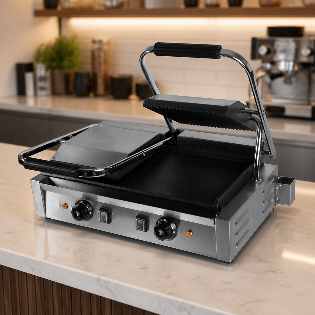 Commercial Double Panini Contact Grill for Four Paninis