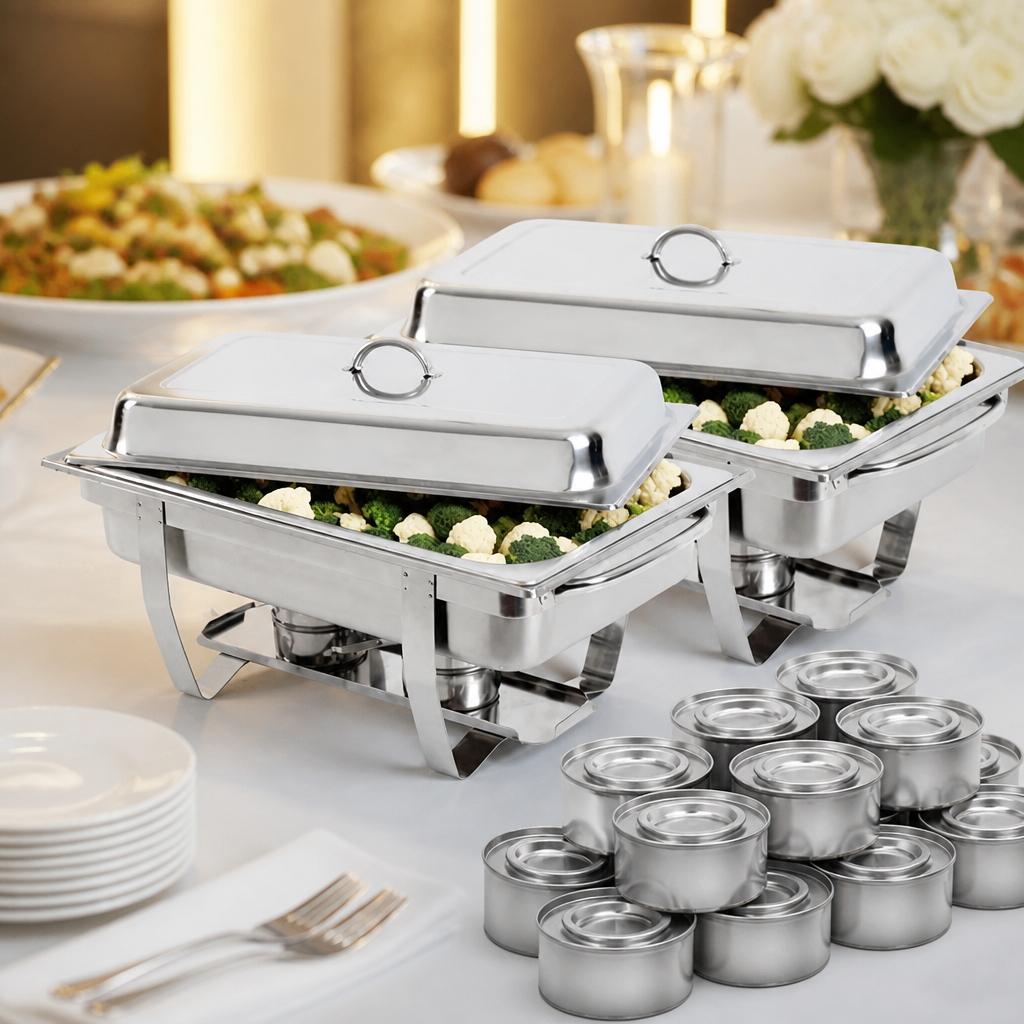 2x commercial chafing dishes with 72 gel fuel tins