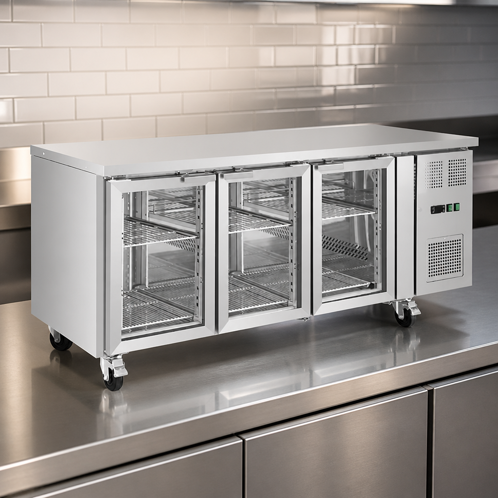 Commercial 3 Door Counter Fridge with Glass Doors 465Ltr
