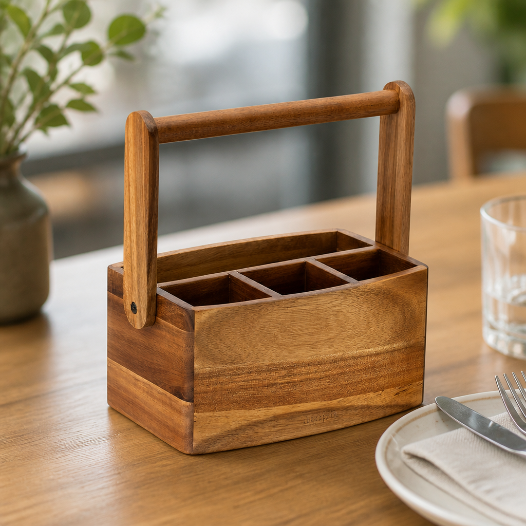 Commercial Acacia Wood 4 Compartment Condiment Holder Caddy