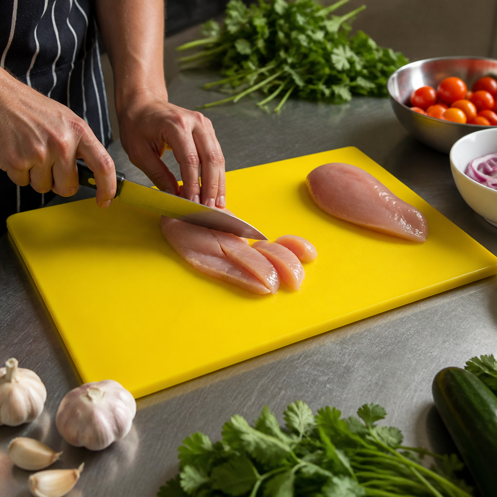 Commercial yellow chopping board 455x305mm antibacterial HDPE