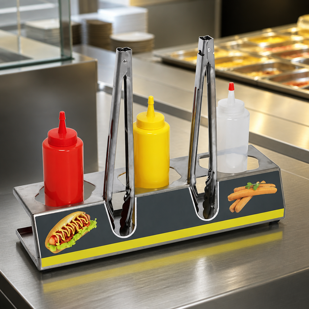 Commercial Hot Dog Sauce Station with Tongs and Stainless Steel Design
