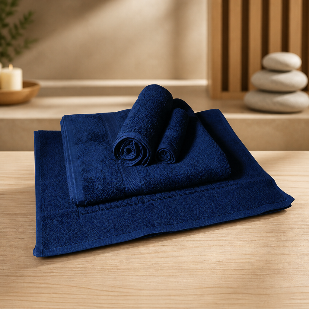 Commercial Navy Towel Set with Bath Mat and Face Cloth