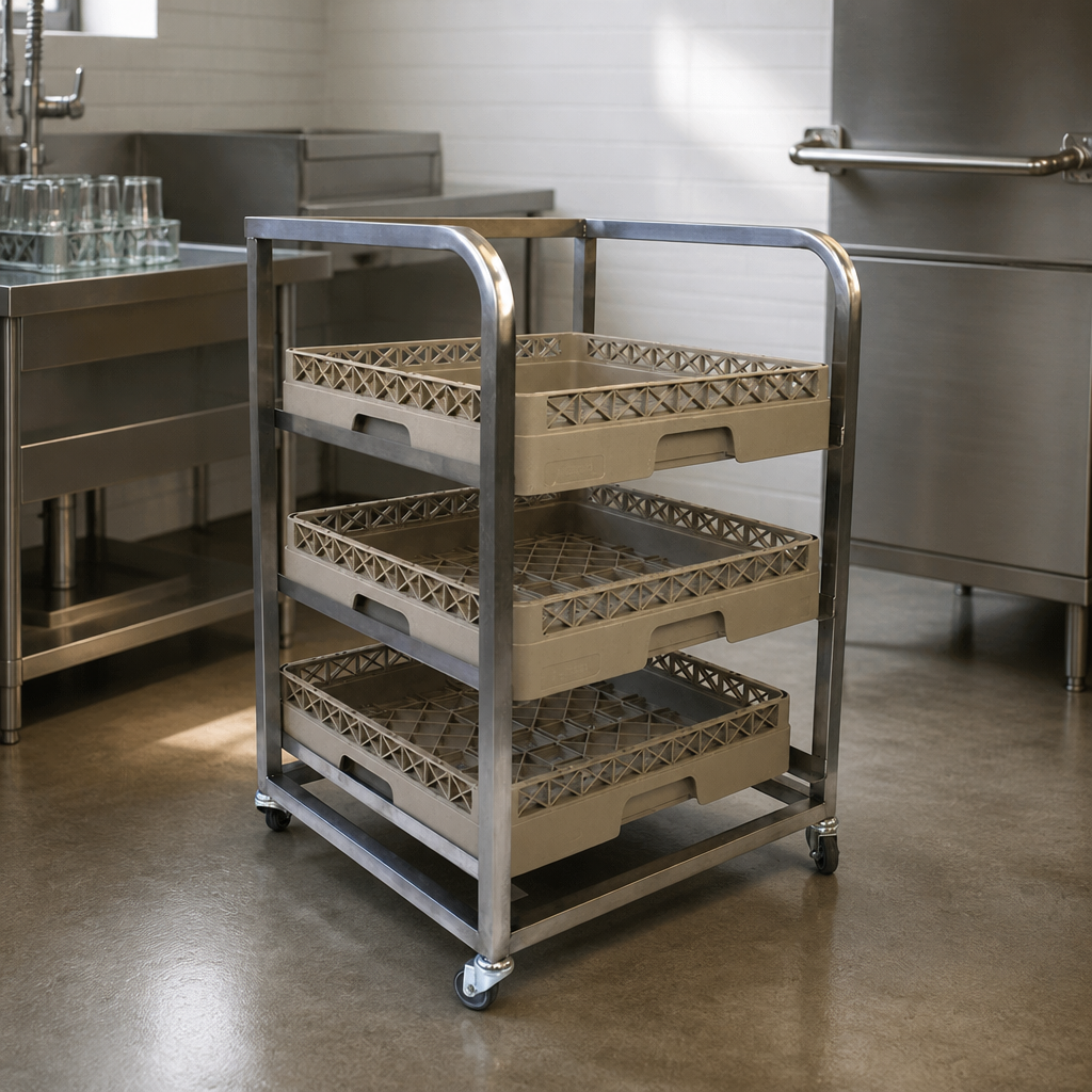 Commercial Stainless Steel Glass Tray Trolley for 3 Baskets