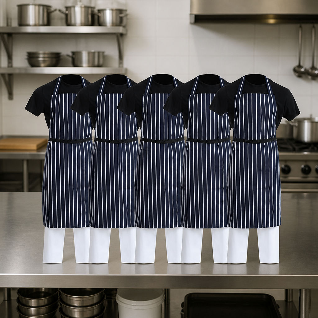 5 pack of blue butchers stripe bib aprons