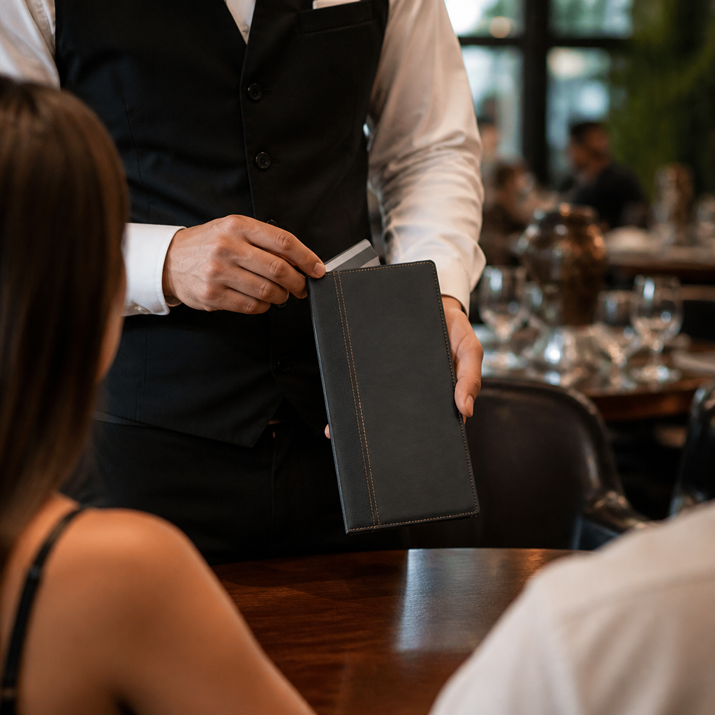 Commercial bill presenter with grip pockets for restaurants
