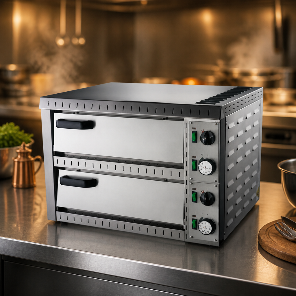 Commercial twin deck pizza oven for four 9 inch pizzas
