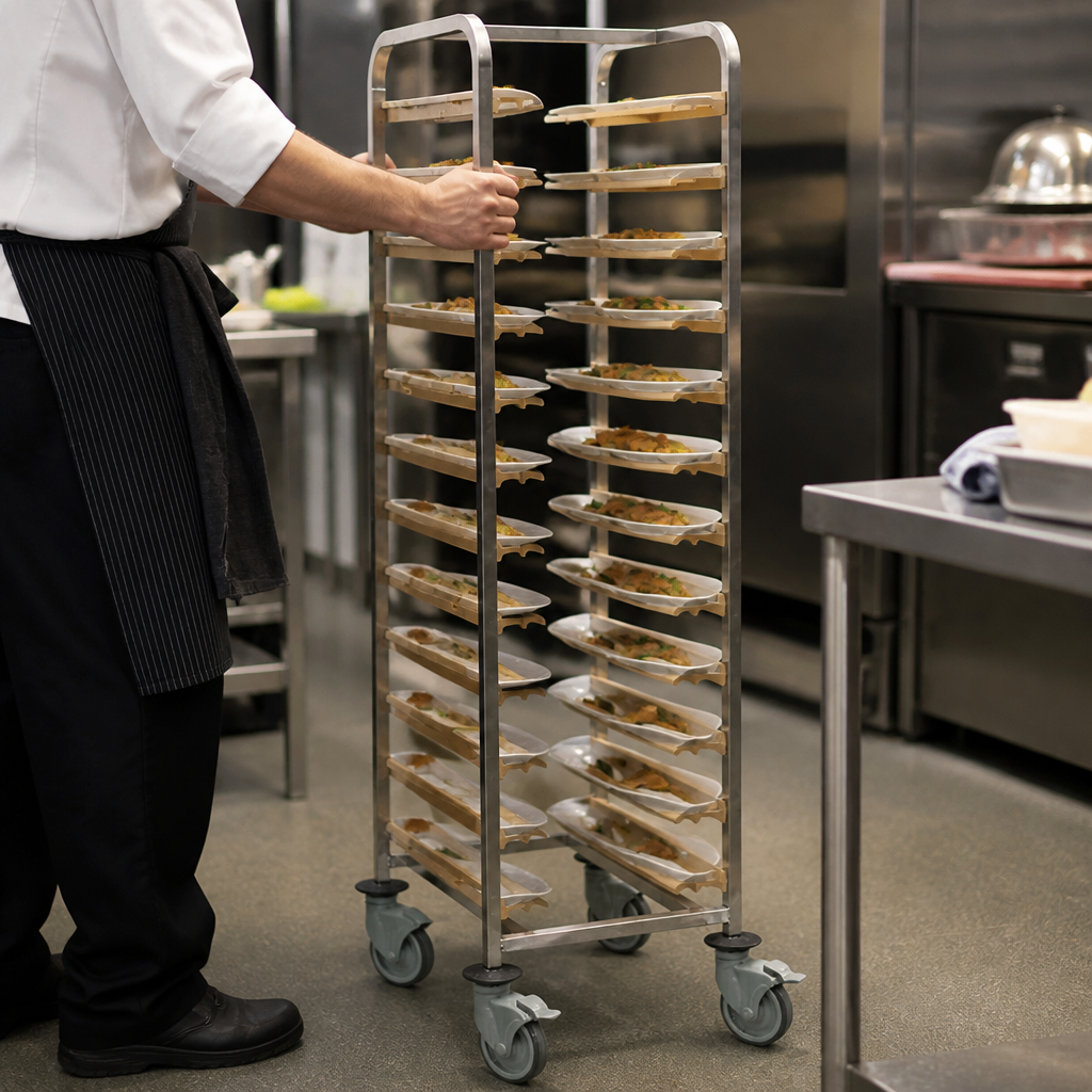 Commercial Self Clearing Trolley for 12 Trays in stainless steel