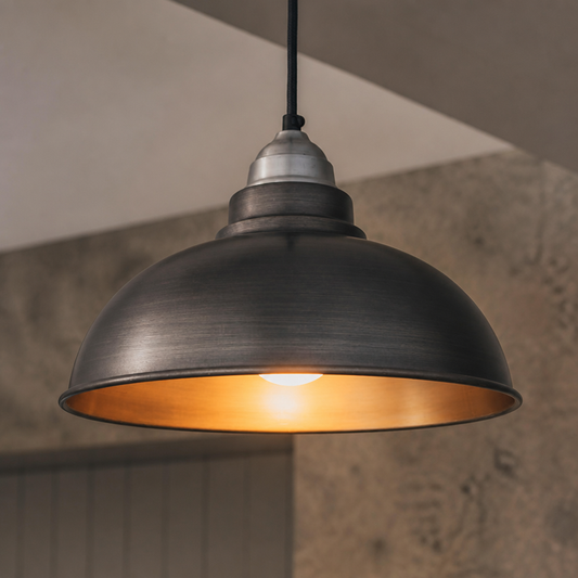 12" Industrial Pendant Light Fixture in Pewter and Brass Finish