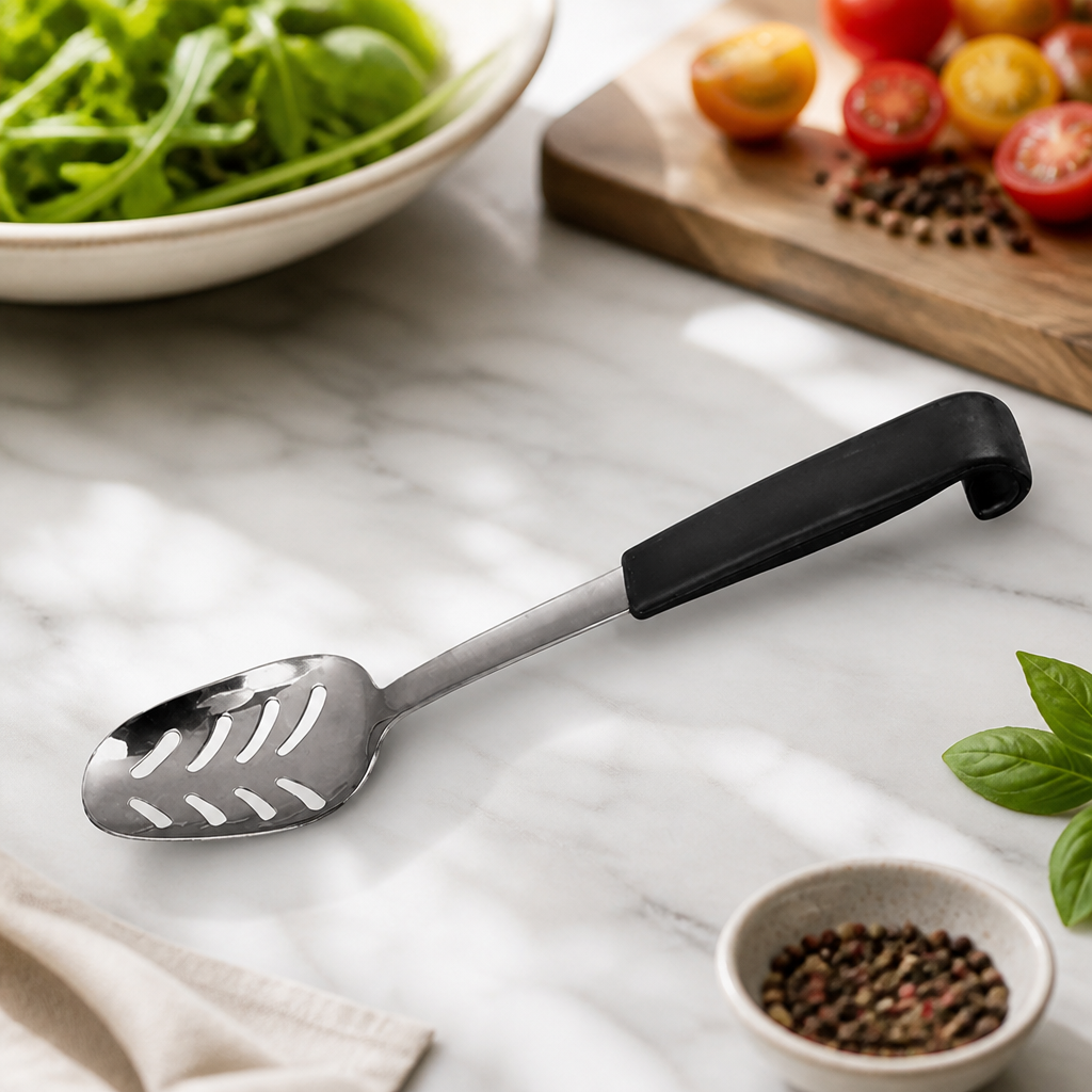 240mm stainless steel perforated serving spoon with black handle