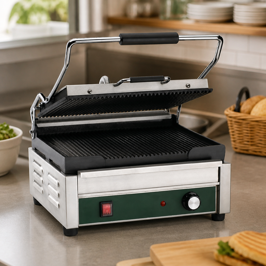 Large Commercial Panini Grill with Non-Stick Cast Iron Plates