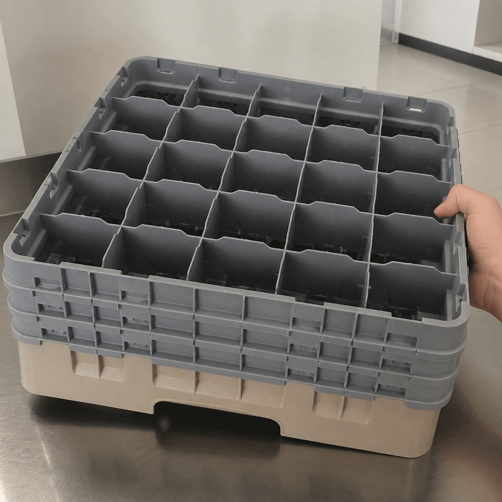 Commercial dish rack with 25 compartments for glasses