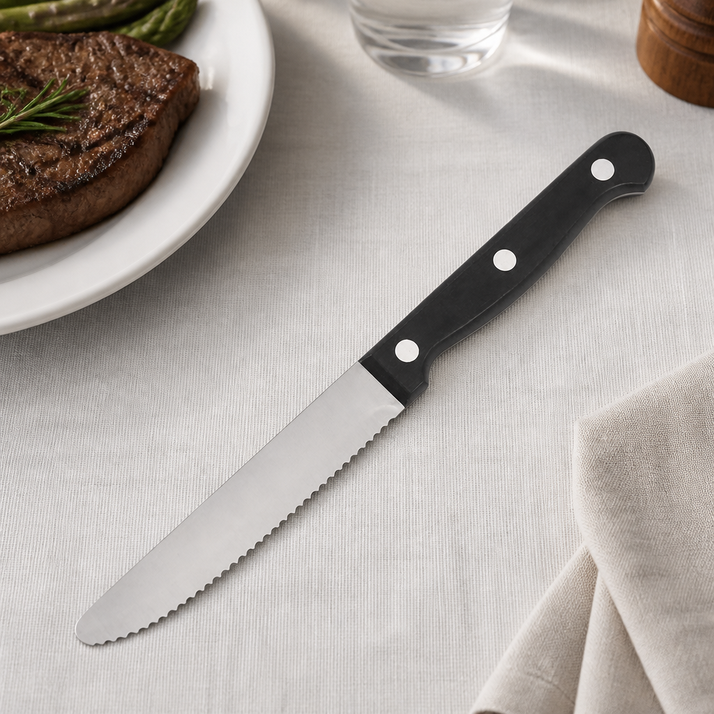 Commercial Steak Knives with Black Handles - 12 Pack