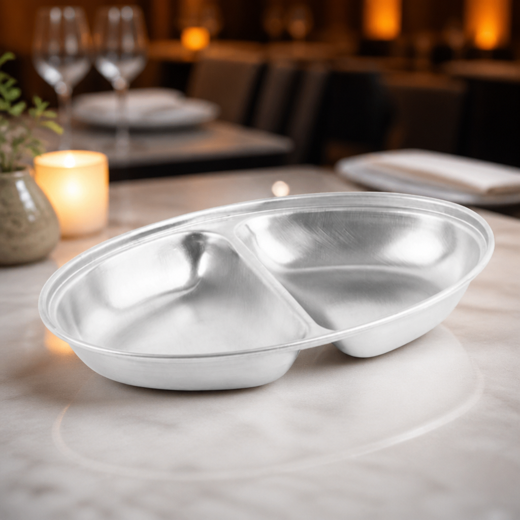 Commercial Oval Vegetable Dish Two Compartments 200mm Stainless Steel
