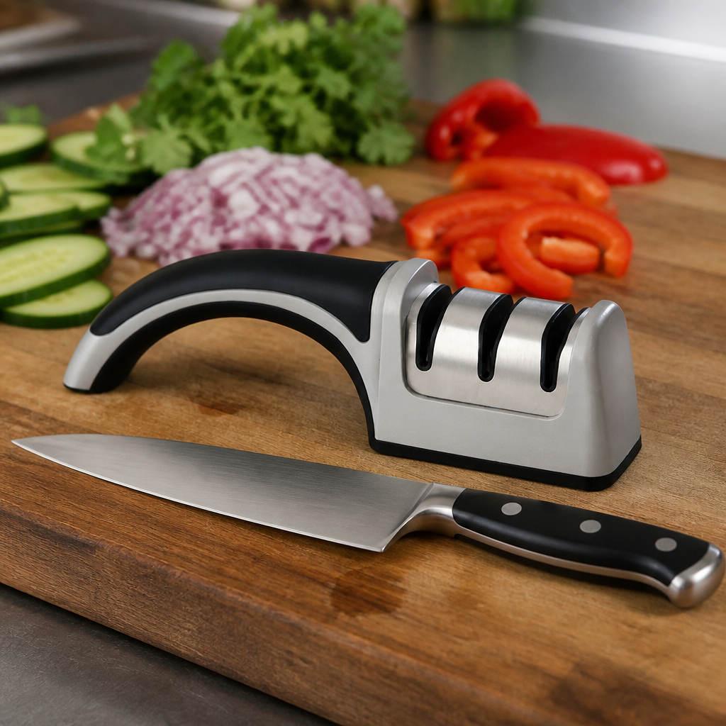 Three stage manual abrasive commercial knife sharpener