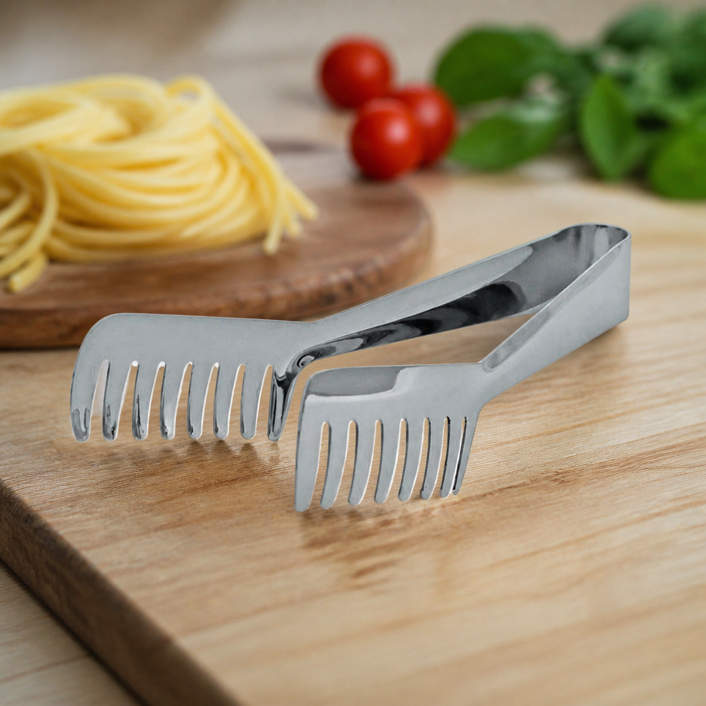 Commercial stainless steel pasta tongs for catering use
