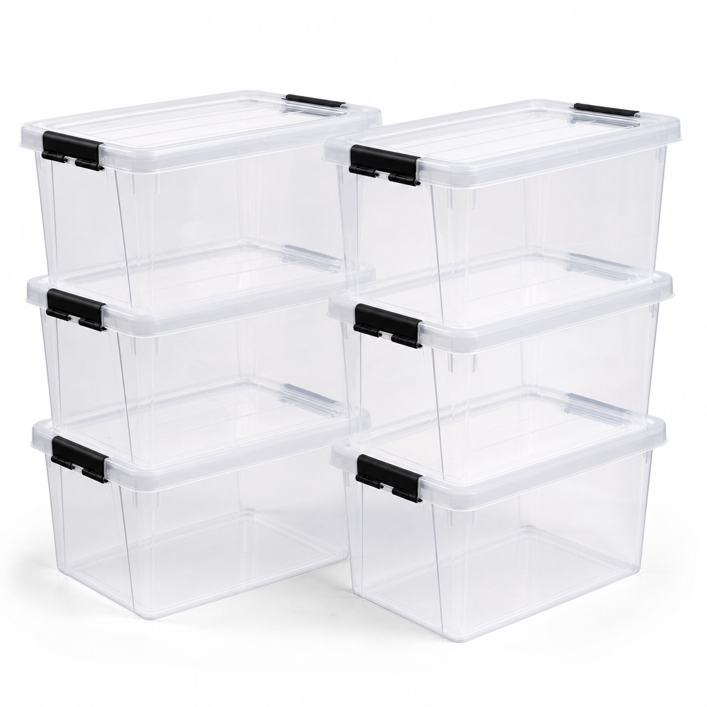 50 Litre Clear Clip Lock Storage Boxes – Pack of 6