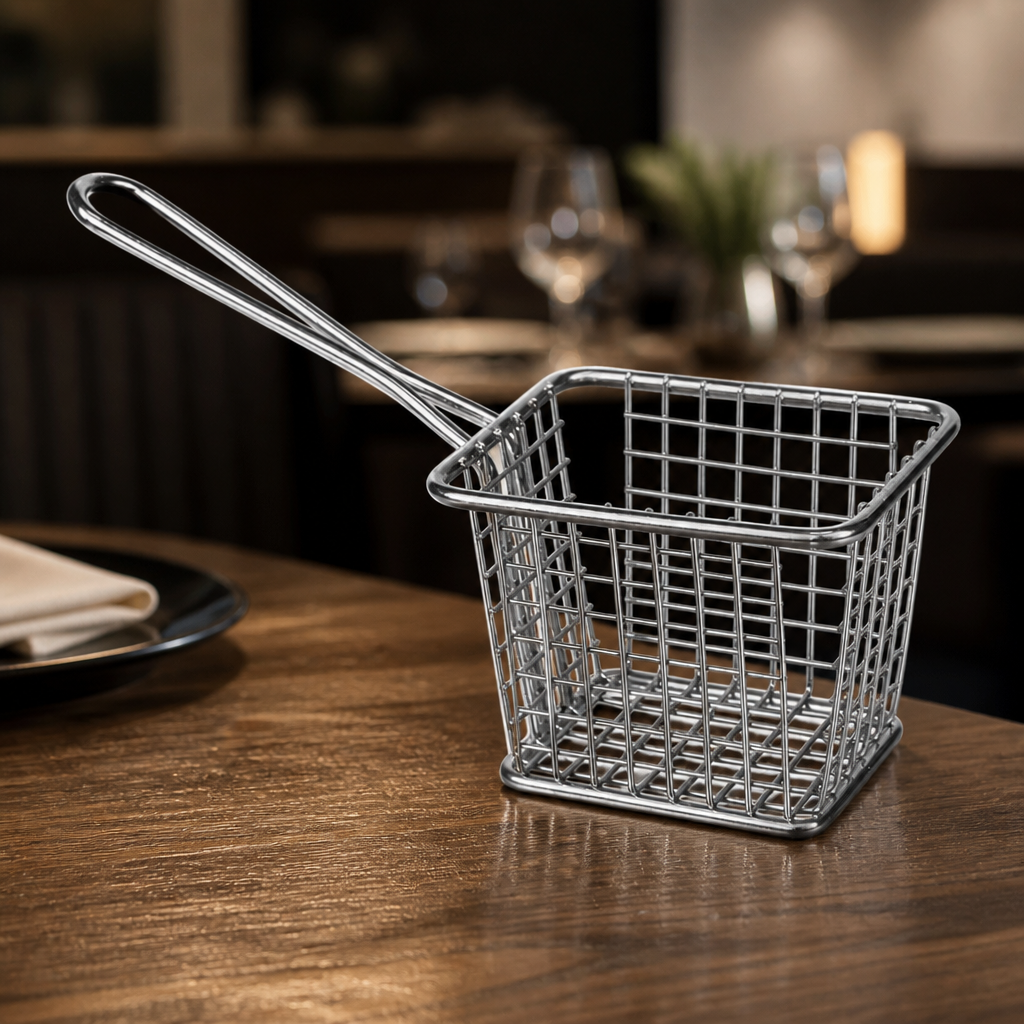 Small square stainless steel chip basket with handle