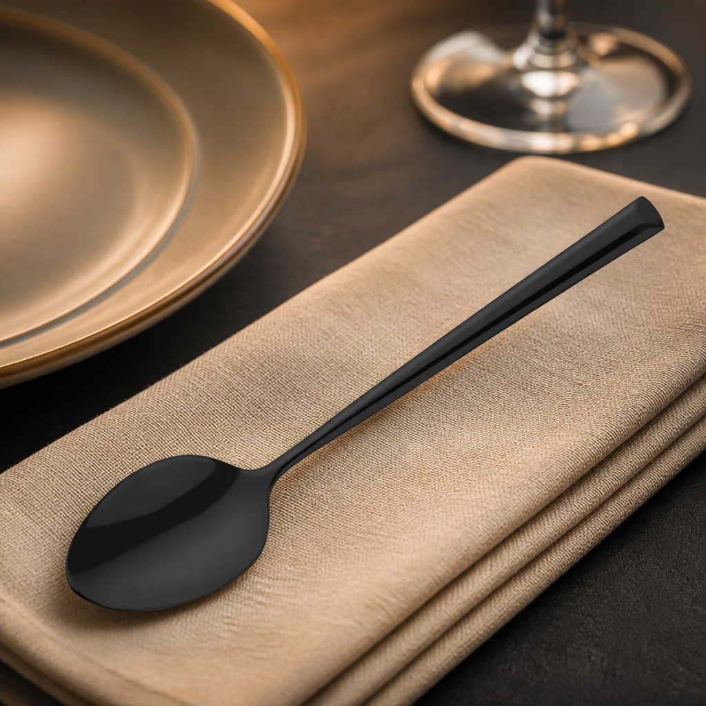 Set of 12 black medium teaspoons for catering use