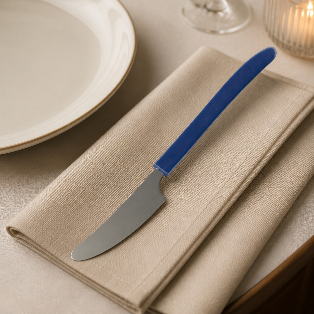 Set of 12 stainless steel dessert knives with blue handles