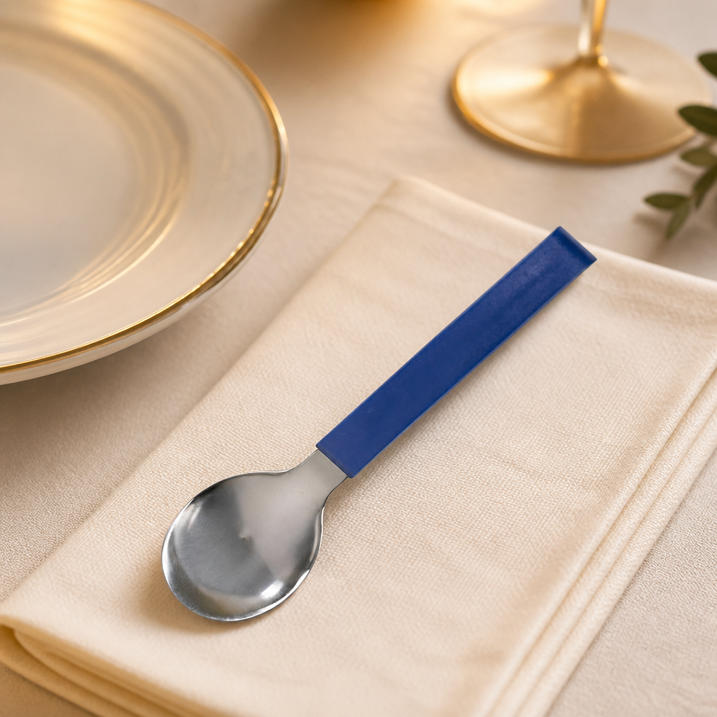Commercial dessert spoons 12 pack with stainless steel and blue handles