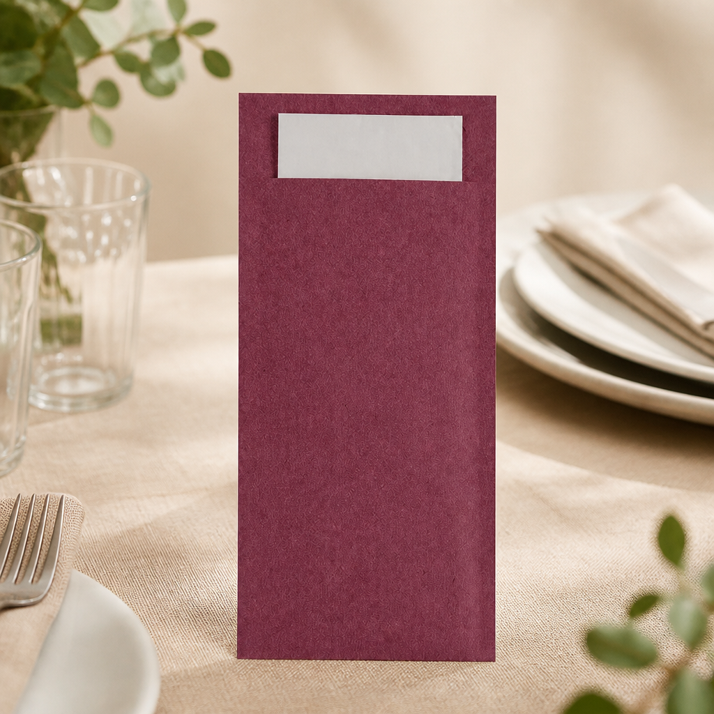 Commercial Burgundy Cutlery Pouches with Napkin 500 Pack