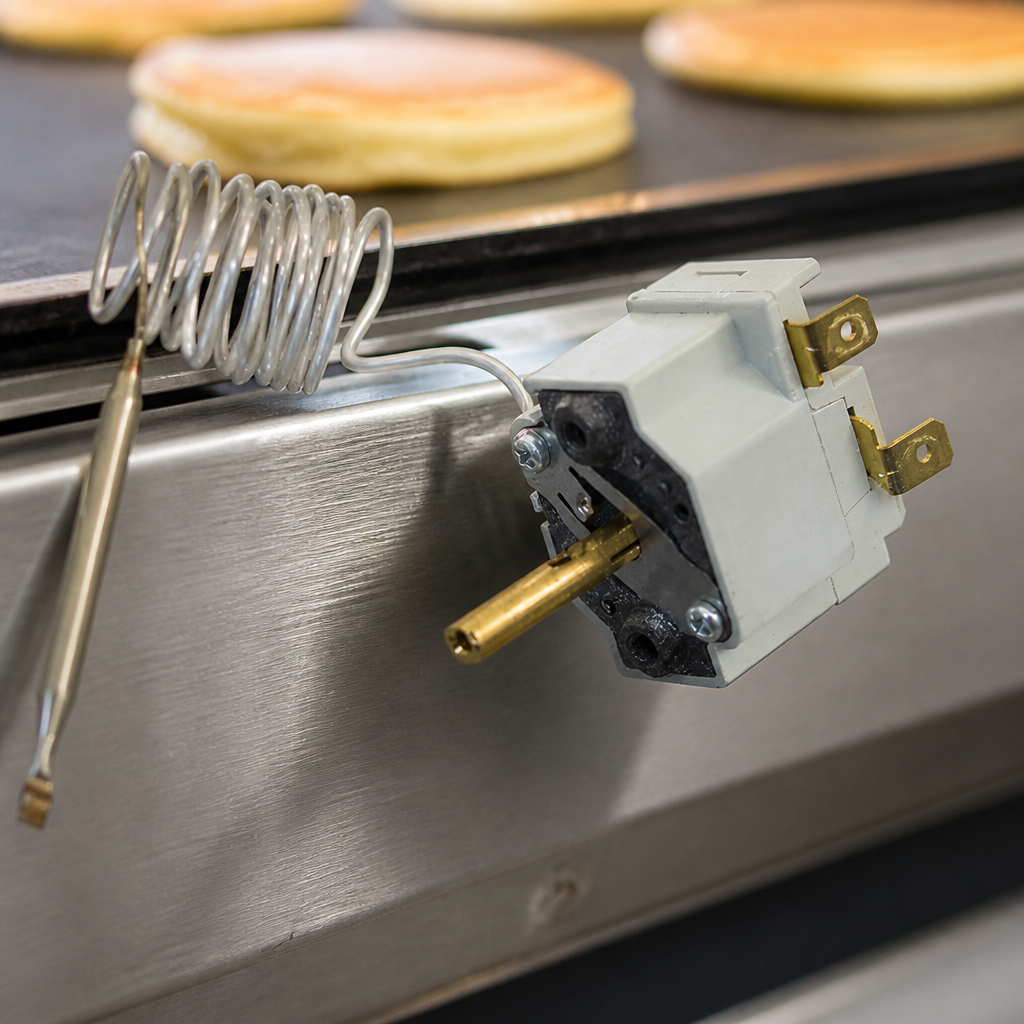 Commercial griddle thermostat replacement part in stainless steel