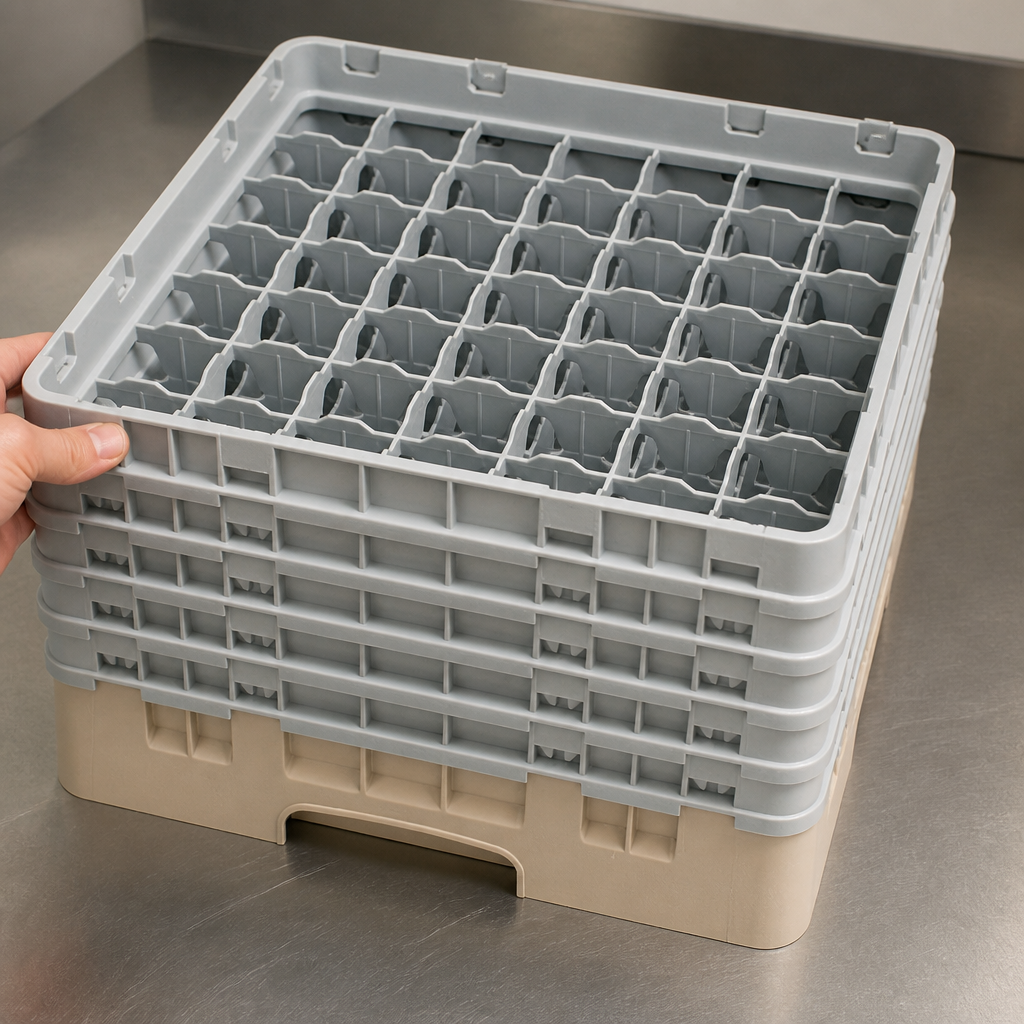 Commercial glass rack with 49 compartments, max height 257mm