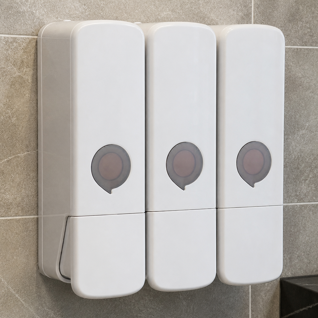 Commercial Triple Shower Dispenser for body wash, shampoo, conditioner